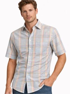 Christian Dior Mens Blue Plaid Short Sleeve Button Down Shirt Size M Regular Fit